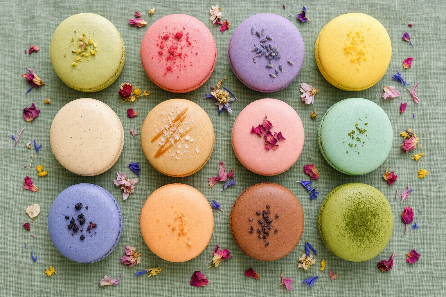 Overhead flat lay of twelve pastel macarons arranged in a colorful grid on green linen — top-down dessert photography composition