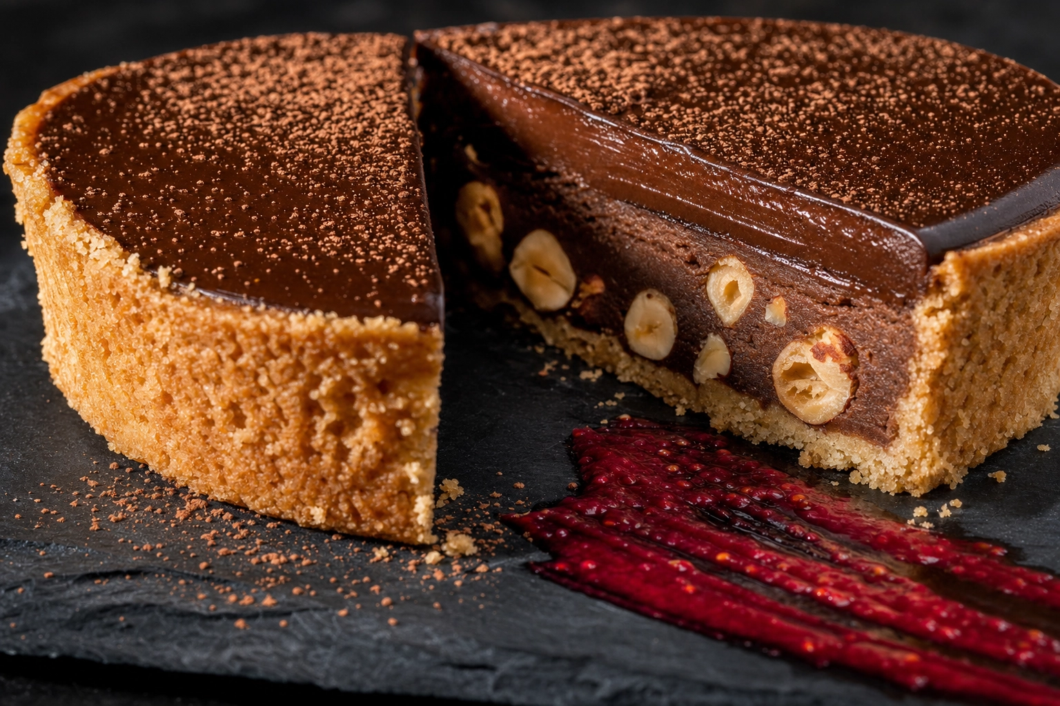 Macro close-up of cut hazelnut chocolate tart showing glossy ganache, cocoa dust, and crystalline shell textures coexisting in one dessert