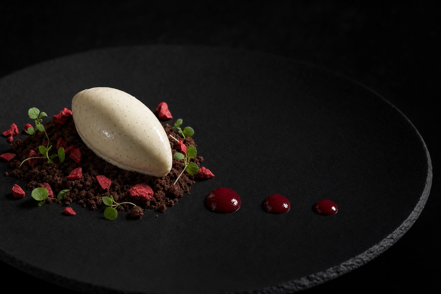 Fine-dining plated restaurant dessert with quenelle, raspberry coulis dots, and dramatic side lighting on dark slate plate