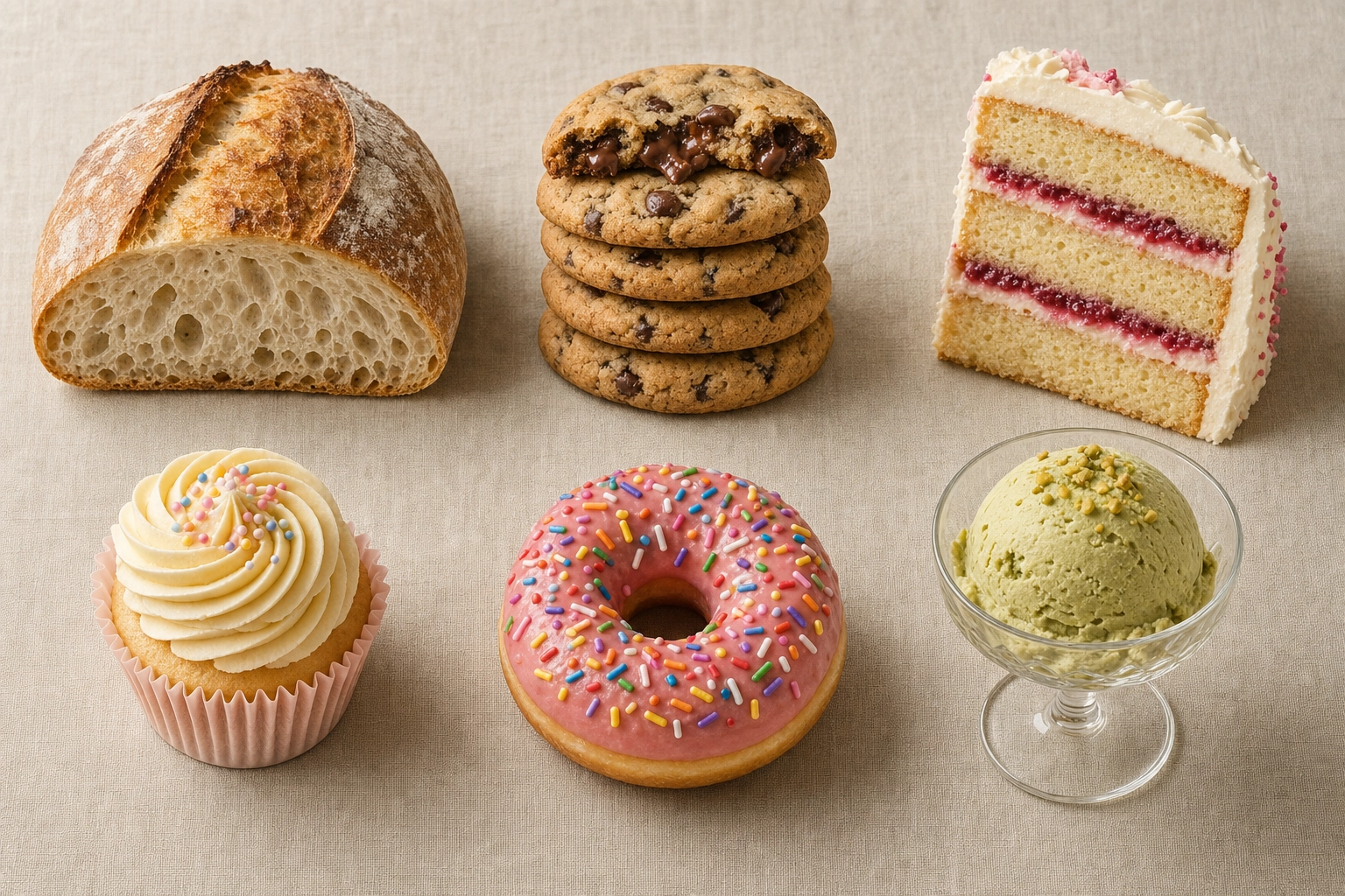 Overhead flat lay of six dessert categories — bread, cookies, cake, cupcake, donut, ice cream — showing different photography approaches