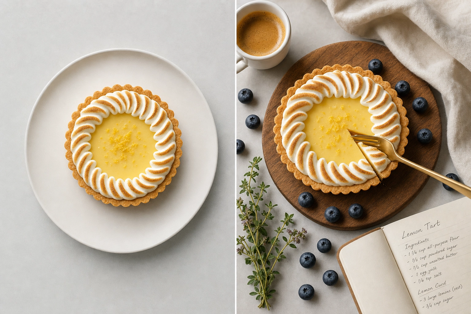 Side-by-side comparison of minimal plate-only vs prop-heavy lifestyle dessert styling for the same lemon tart
