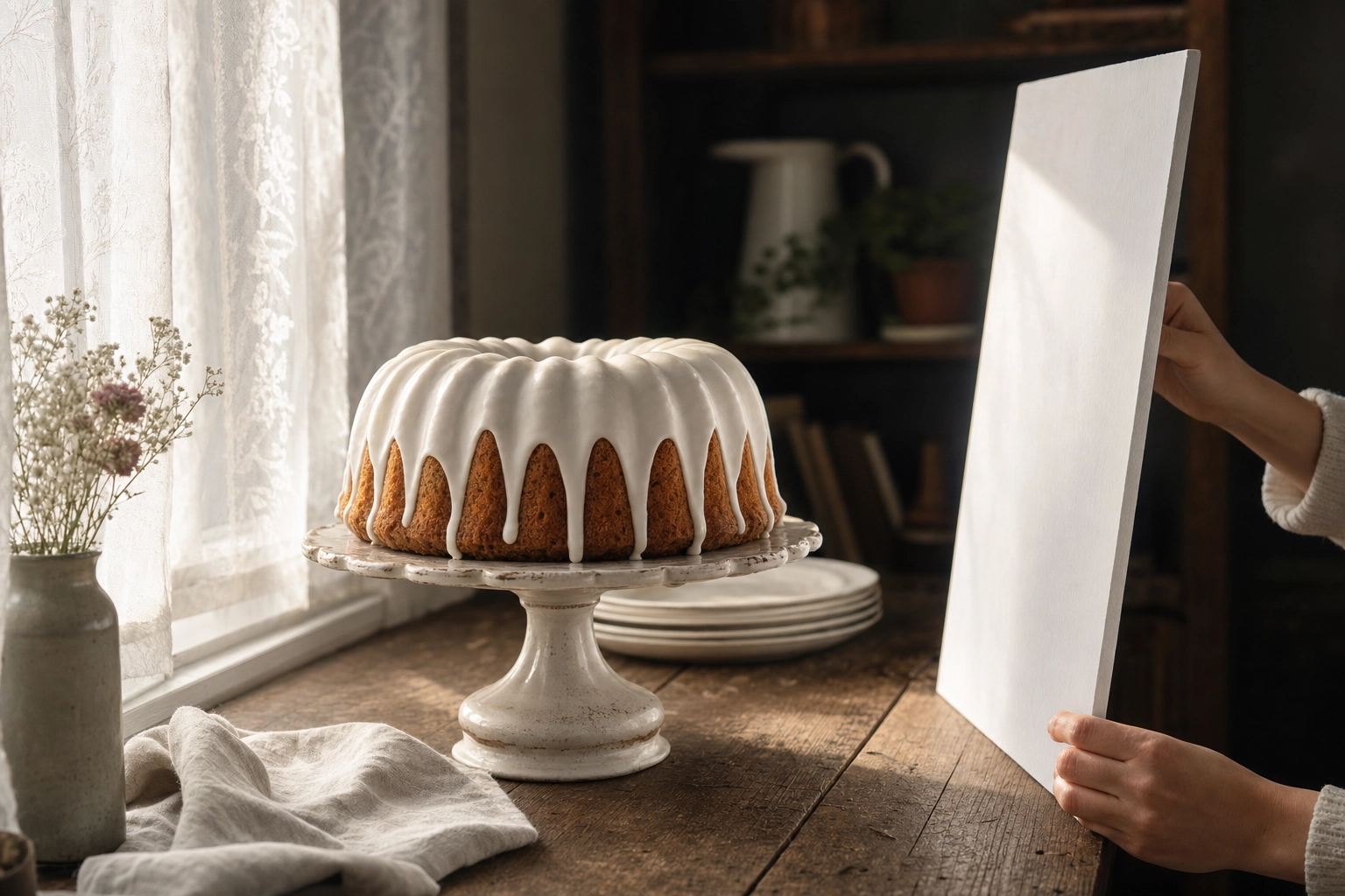 Bundt cake near a window with sheer curtains diffusing natural light and a foam board reflector — side lighting setup for dessert photography