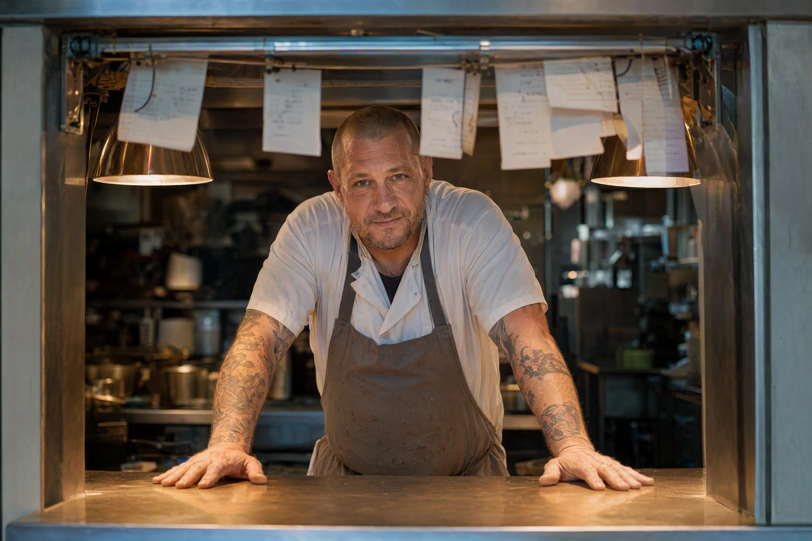 Environmental portrait of a line cook framed in the service window, the human work AI photography cannot do