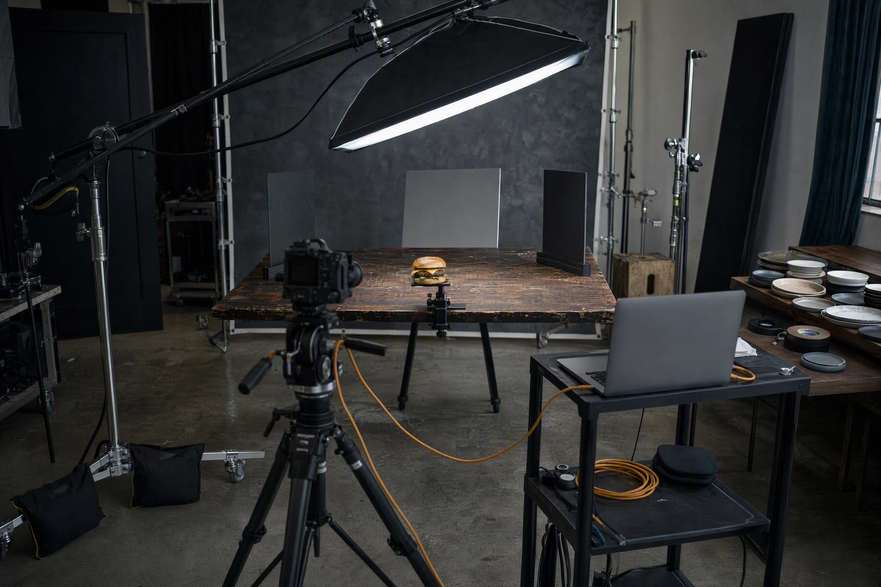 Rented studio set with softbox, tripod and one burger, showing what a food photographer day rate buys