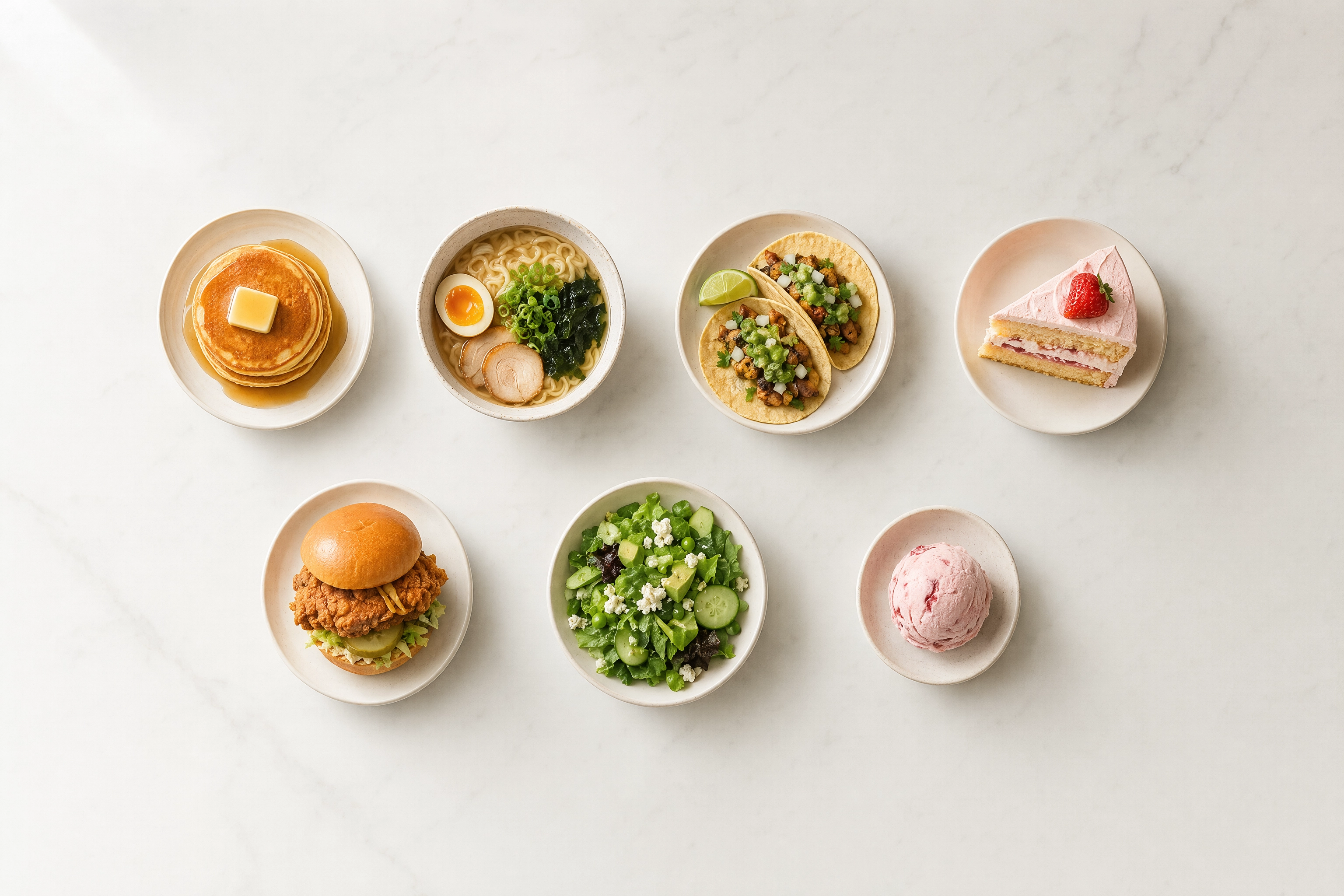Seven different dishes laid out in a weekly grid, the recurring images a single food photography shoot cannot cover