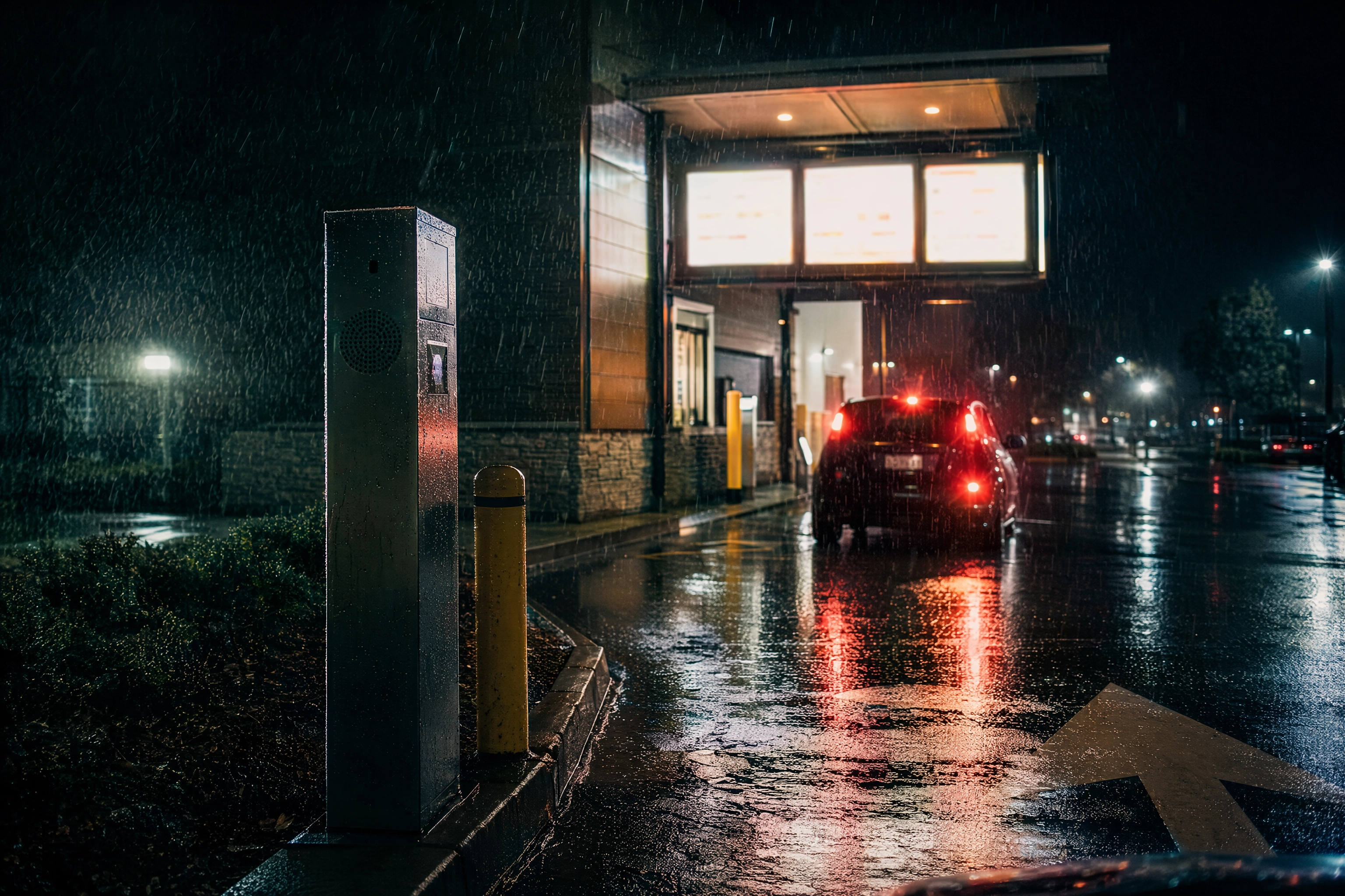 Rainy night drive-thru lane with an illuminated menu board canopy glowing over wet tarmac