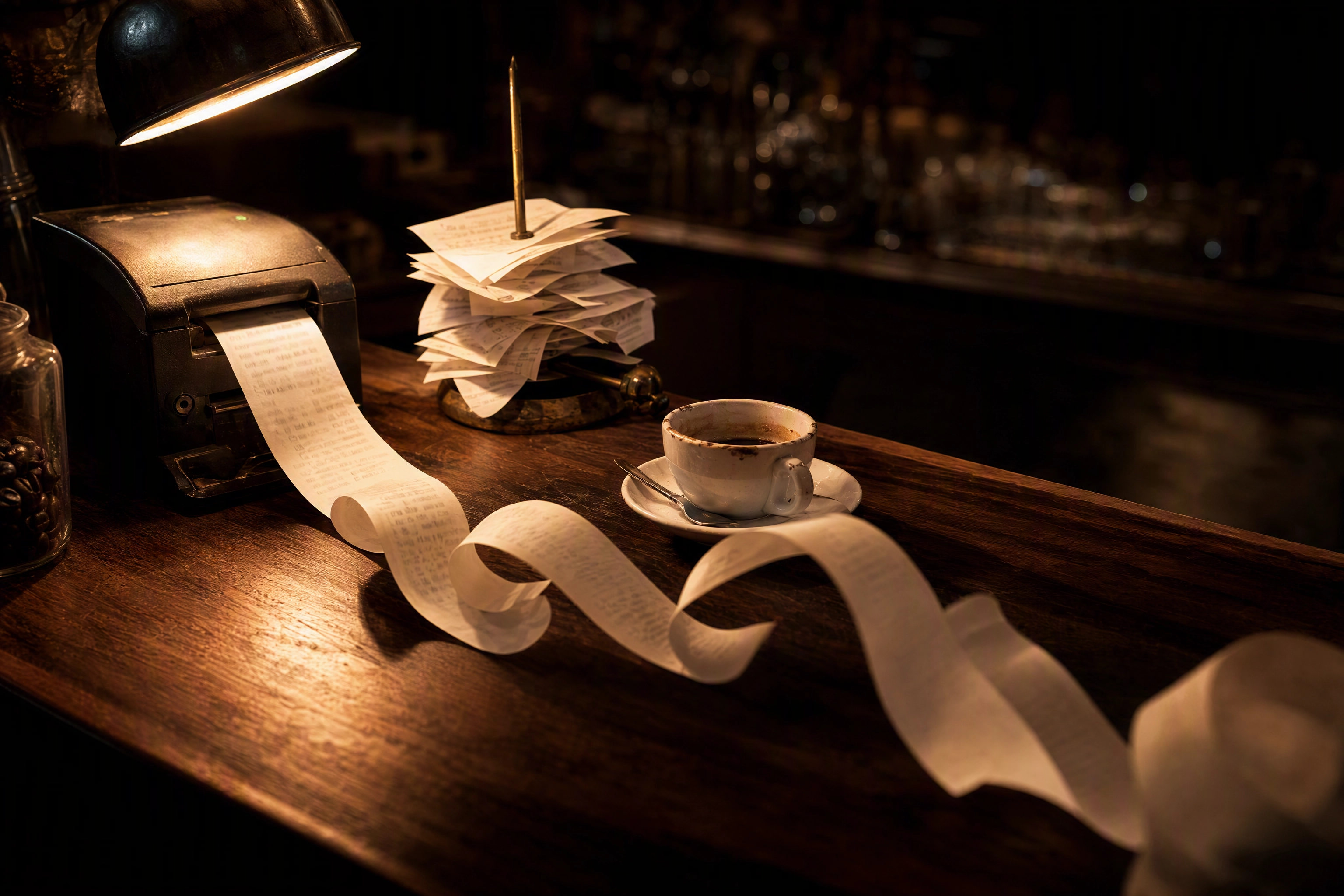 Long curl of till roll and a loaded receipt spike on a cafe counter, the recurring cost of menu board software