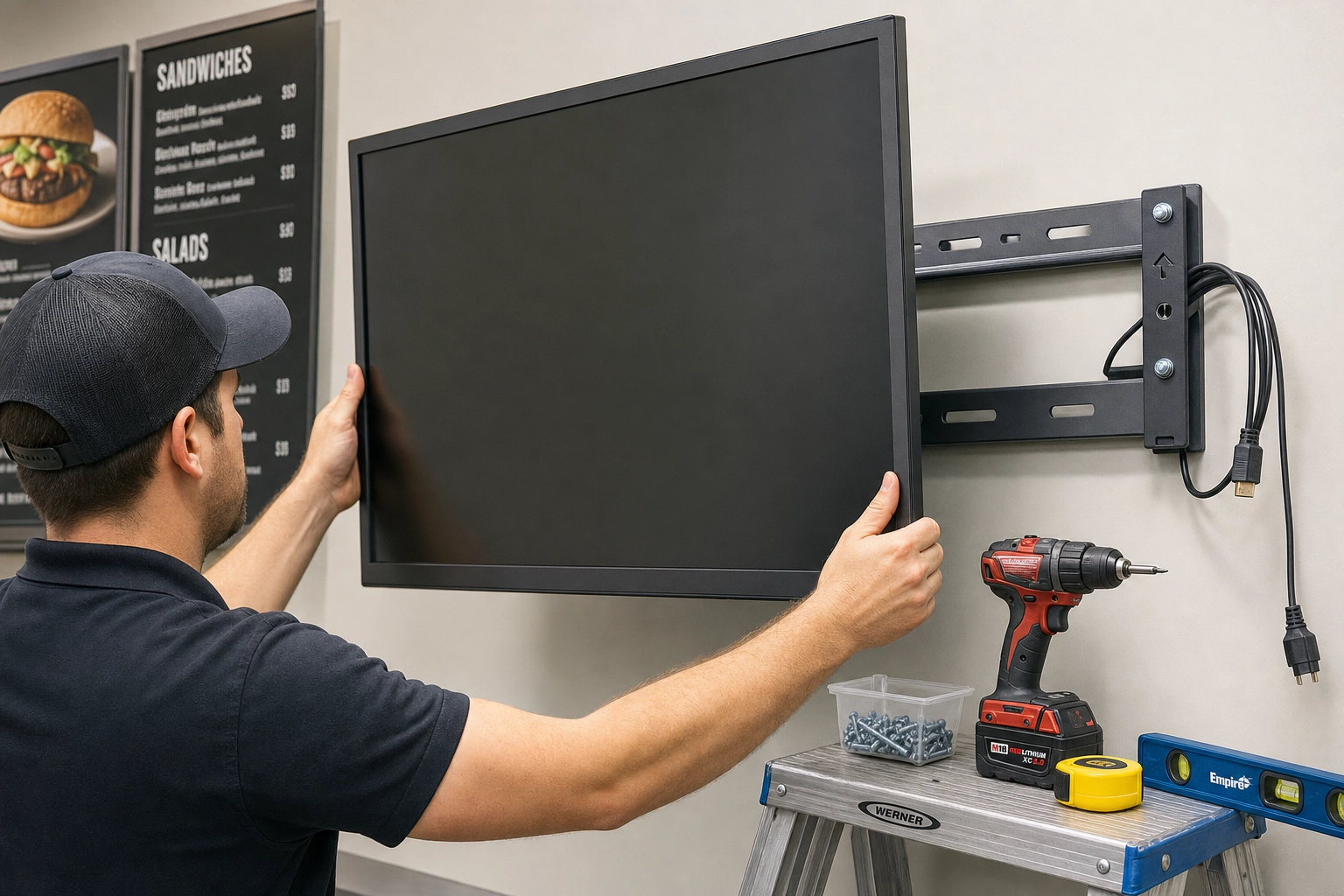 Technician mounting a commercial display screen on a wall with drill and bracket during a digital menu board install