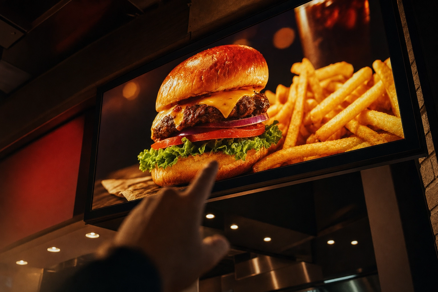 Customer looking up at a glowing digital menu board showing a burger combo, deciding what to order
