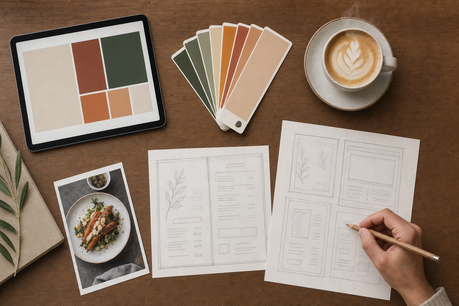 Overhead flat-lay of a desk planning a digital menu board layout with sketches, swatches and a tablet
