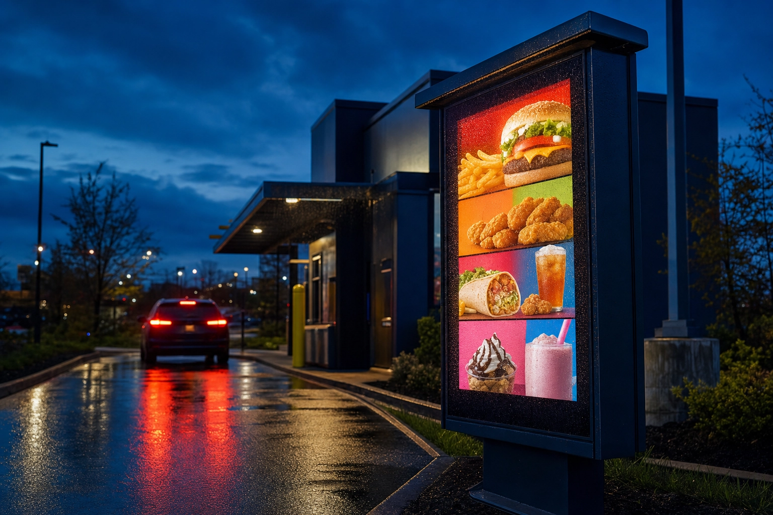 High-brightness outdoor drive-thru digital menu board glowing in the rain at dusk beside a wet lane
