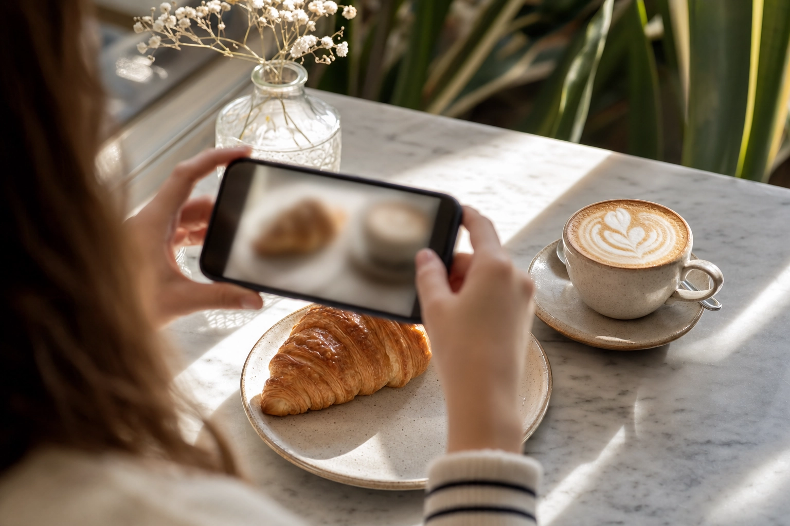 Hands using a phone to photograph a croissant and latte on a cafe table, the starting point for AI photo editing