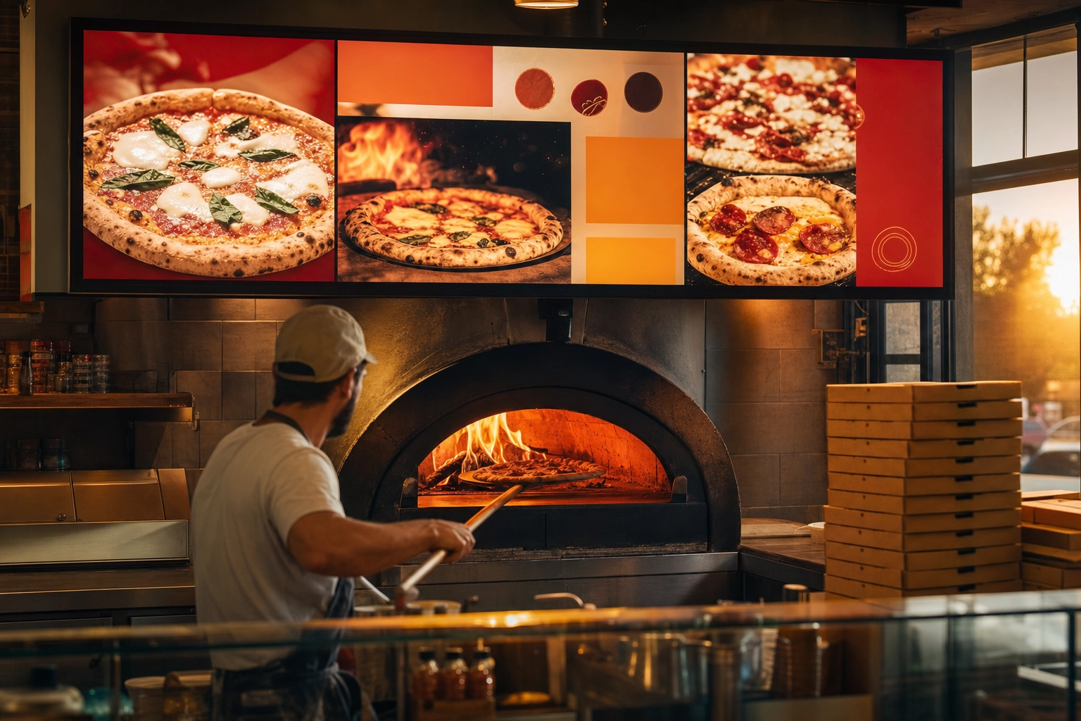 Wide landscape digital menu board glowing above a wood-fired oven in a pizzeria as a pizzaiolo works