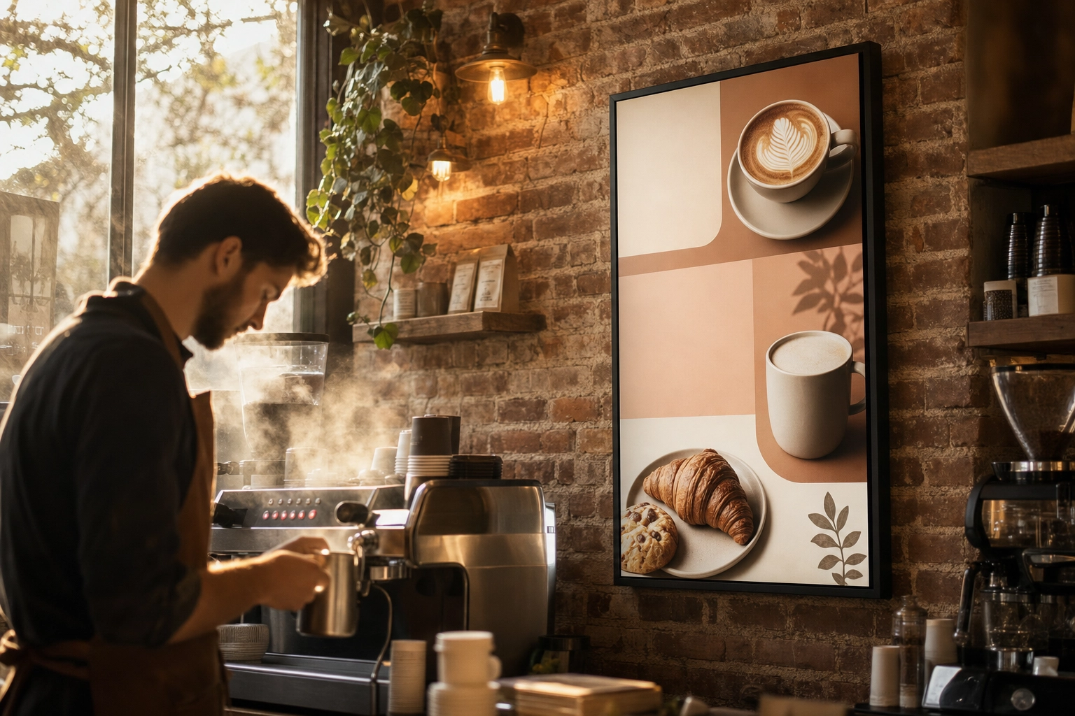 Portrait-orientation digital menu board on a brick wall behind a coffee shop espresso bar as a barista works