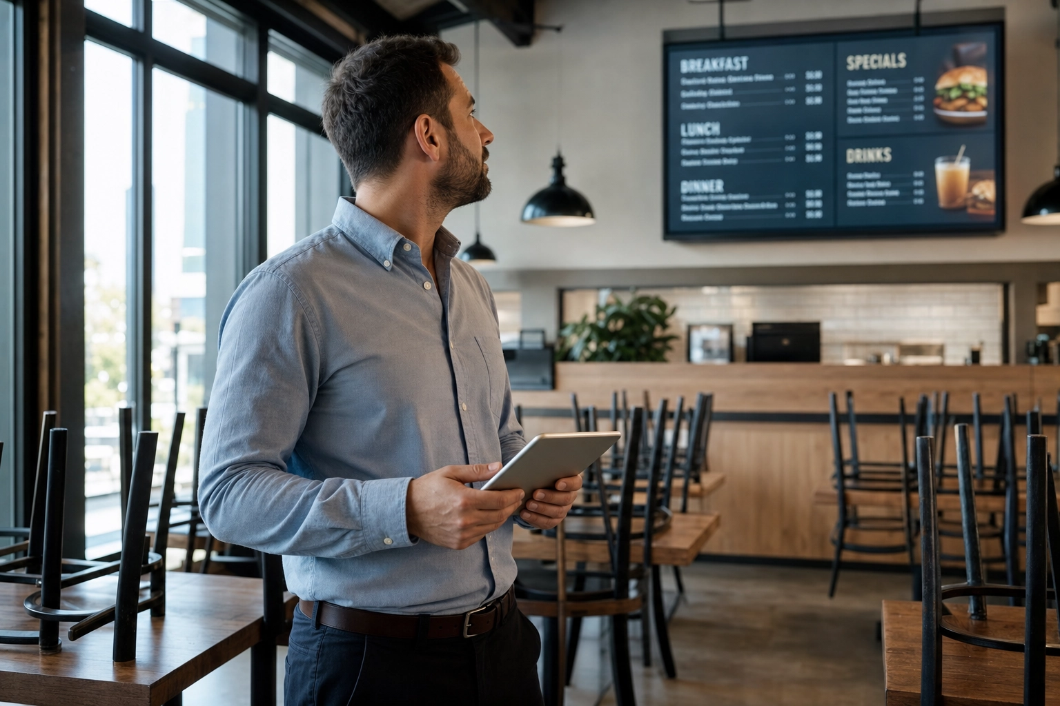 Restaurant manager using a tablet to update a digital menu board remotely in an empty dining room before opening