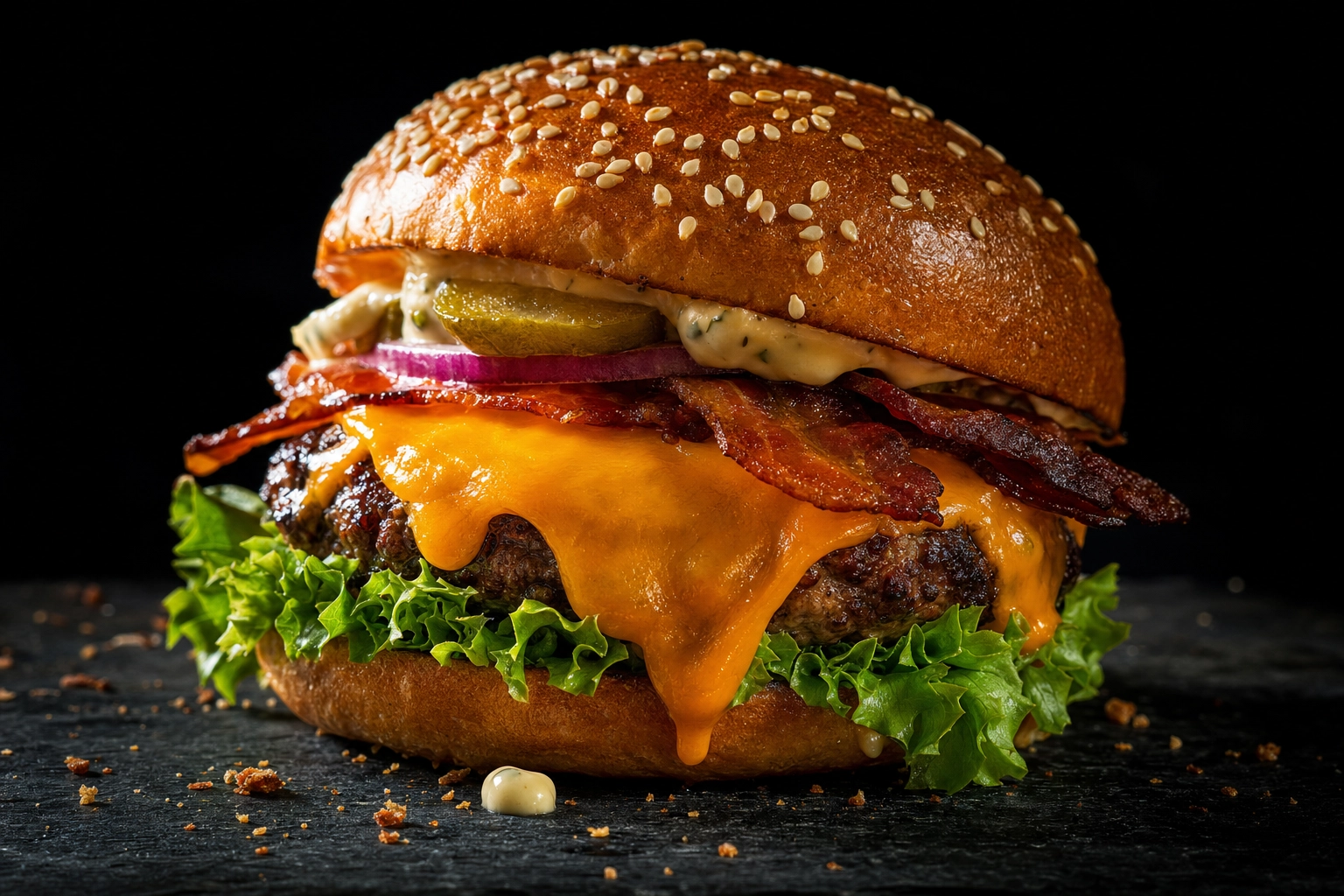 Studio-quality close-up of a gourmet cheeseburger with melting cheese, the kind of photo that sells on a menu board