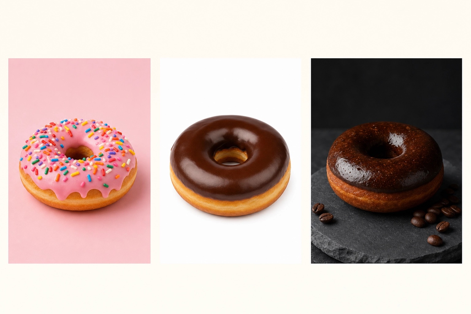 Three donut photography backgrounds compared side-by-side — pastel pink, white seamless, and dark moody slate
