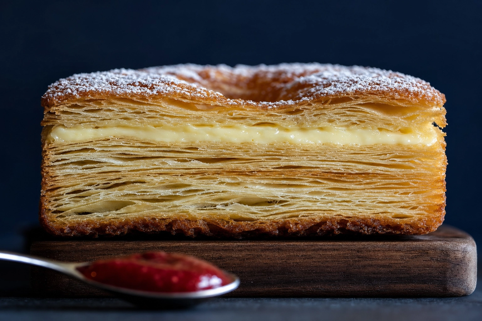 Side-profile cronut showing laminated dough layers and cream filling — laminated hybrid donut photography