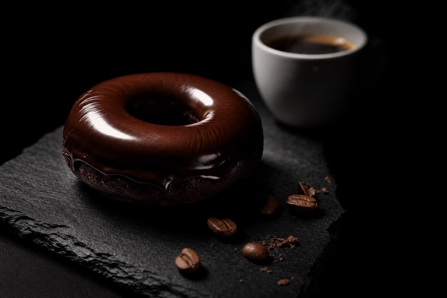 Moody chocolate-glazed donut on black slate with espresso coffee — dark moody donut photography background