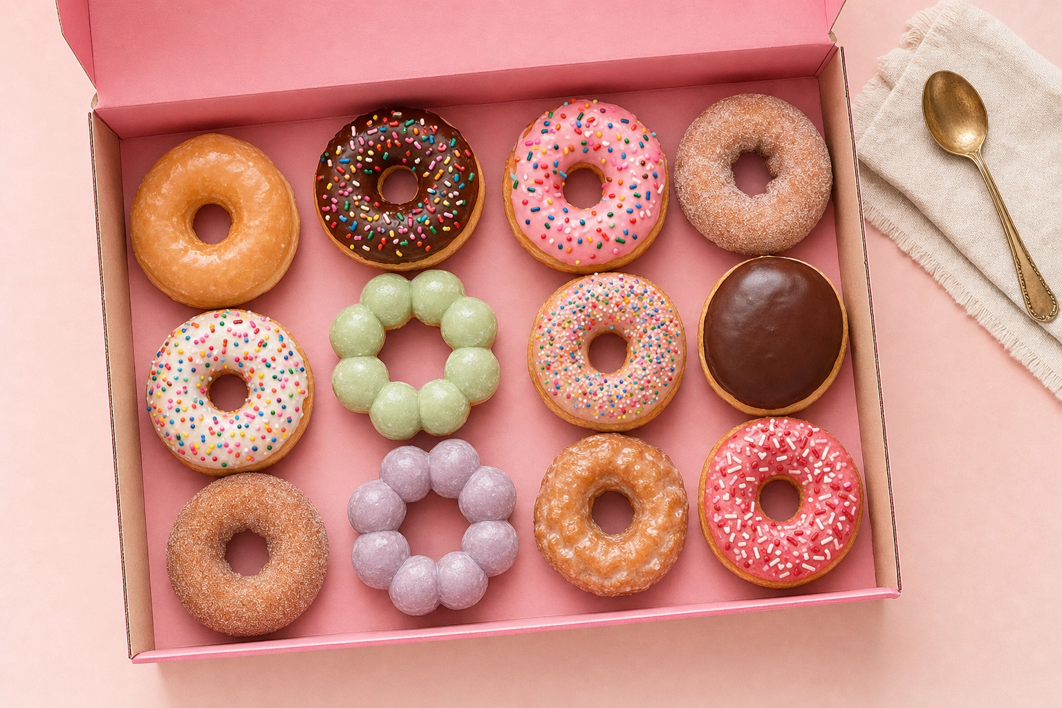 Overhead flat-lay of a dozen mixed donuts in pink box on pastel paper background — dozen donut photography shot