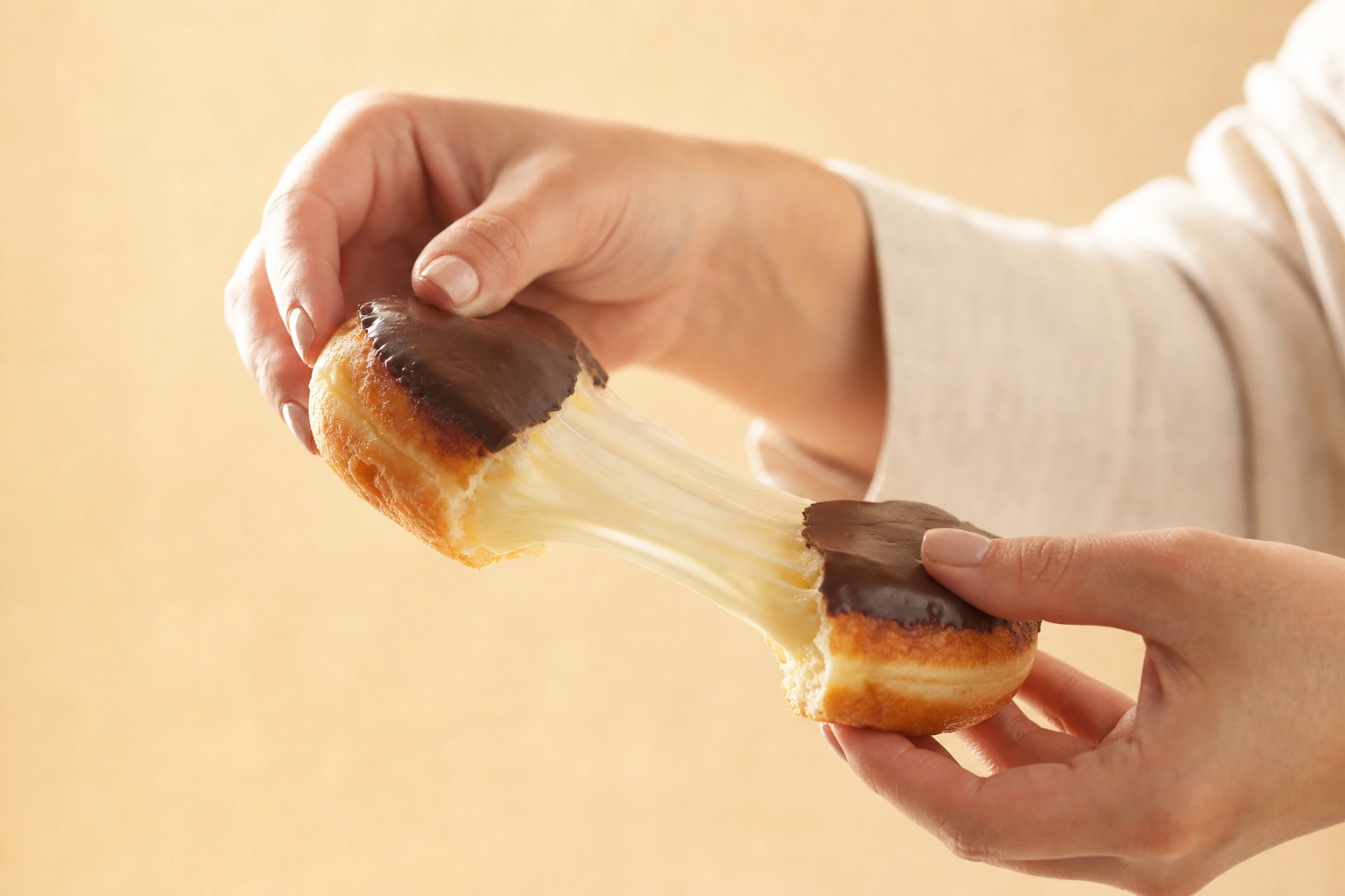 Hand pulling apart a filled donut with cream stretching between halves — eating-action donut photography moment