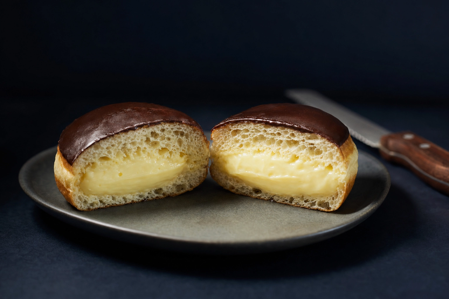 Boston cream filled donut split open showing custard cross-section — filled donut photography technique