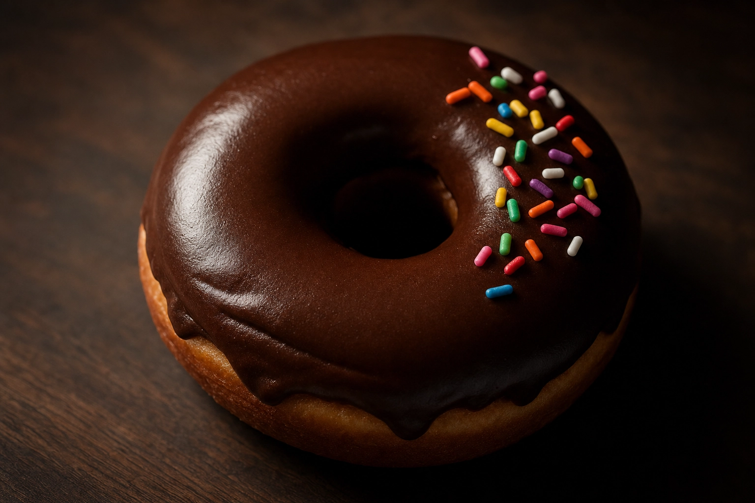 Single chocolate-frosted donut on dark walnut at 35-degree angle — hero single donut photography shot