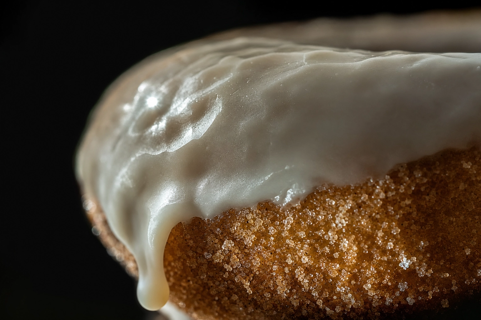 Macro close-up of donut glaze surface in raking side light showing ripple and drip detail