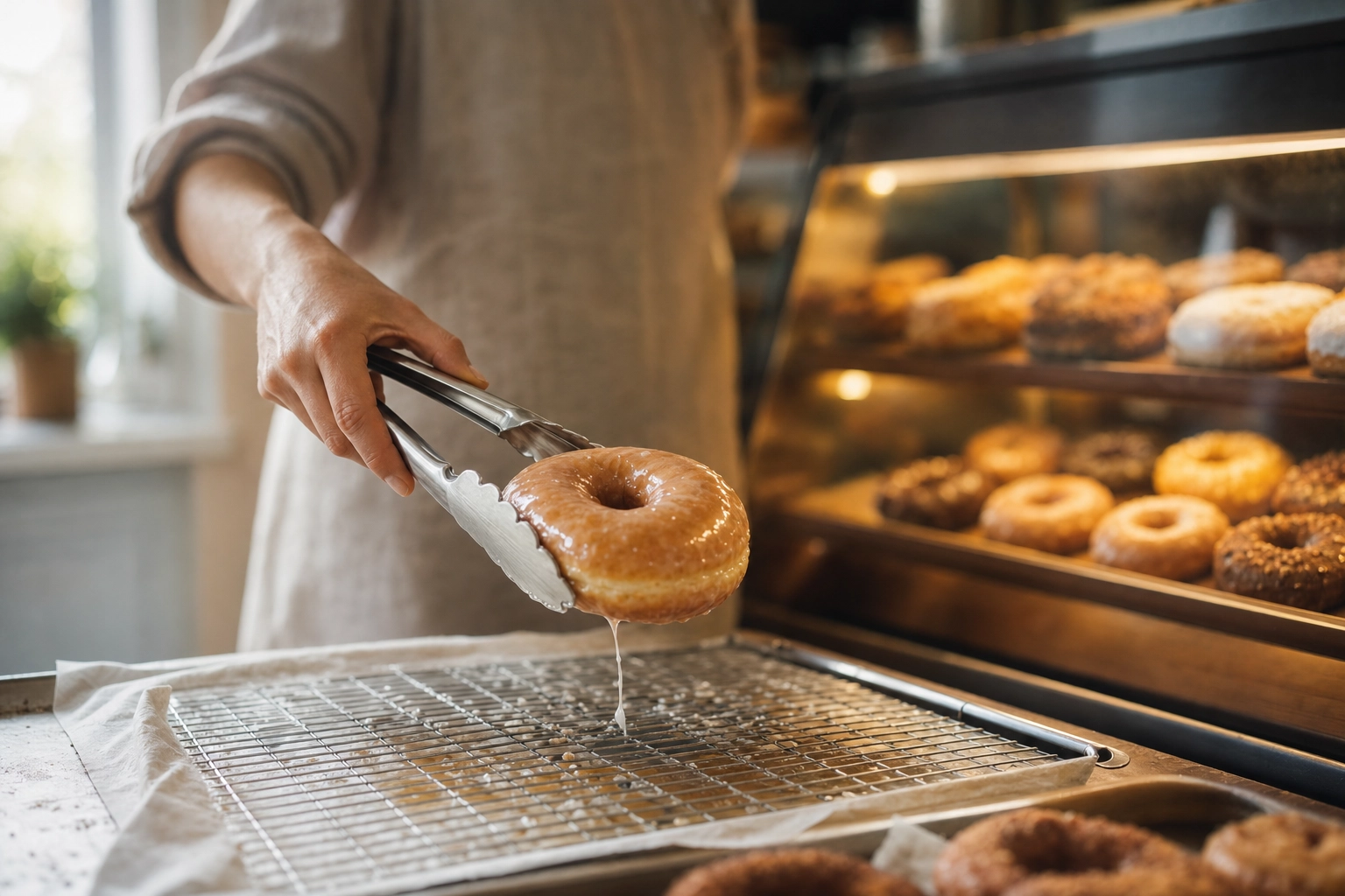 Baker's hand with tongs lifting fresh donut from cooling rack — donut shop interior lifestyle photography