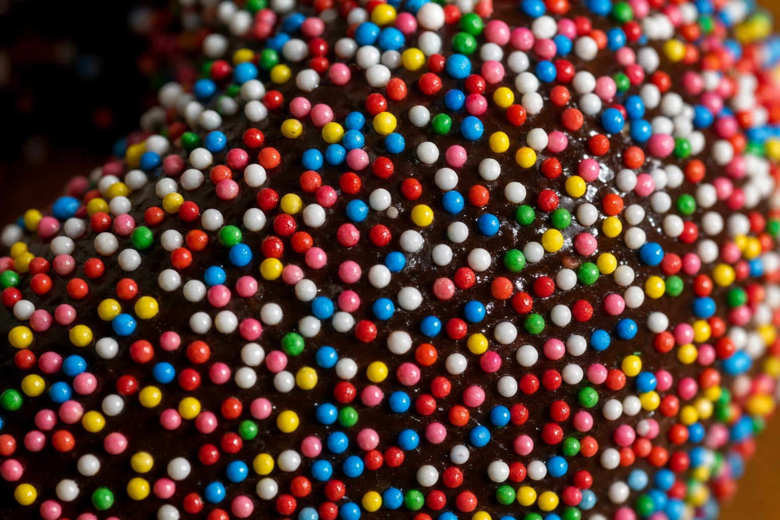 Extreme macro of rainbow nonpareil sprinkles on chocolate donut glaze — sprinkle detail photography