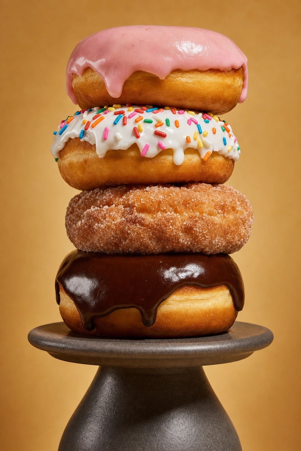 Stacked tower of four mixed donuts at slight upward angle — stacked donut photography composition