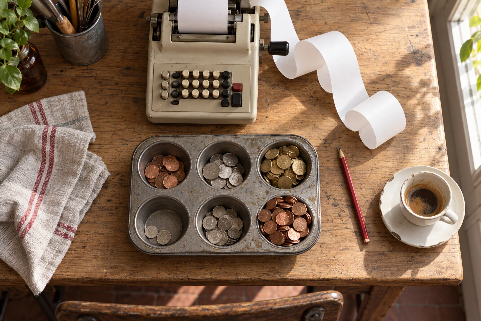 Overhead of a restaurant back-office desk with an adding machine and coins sorted in a muffin tin, working out delivery commission per order