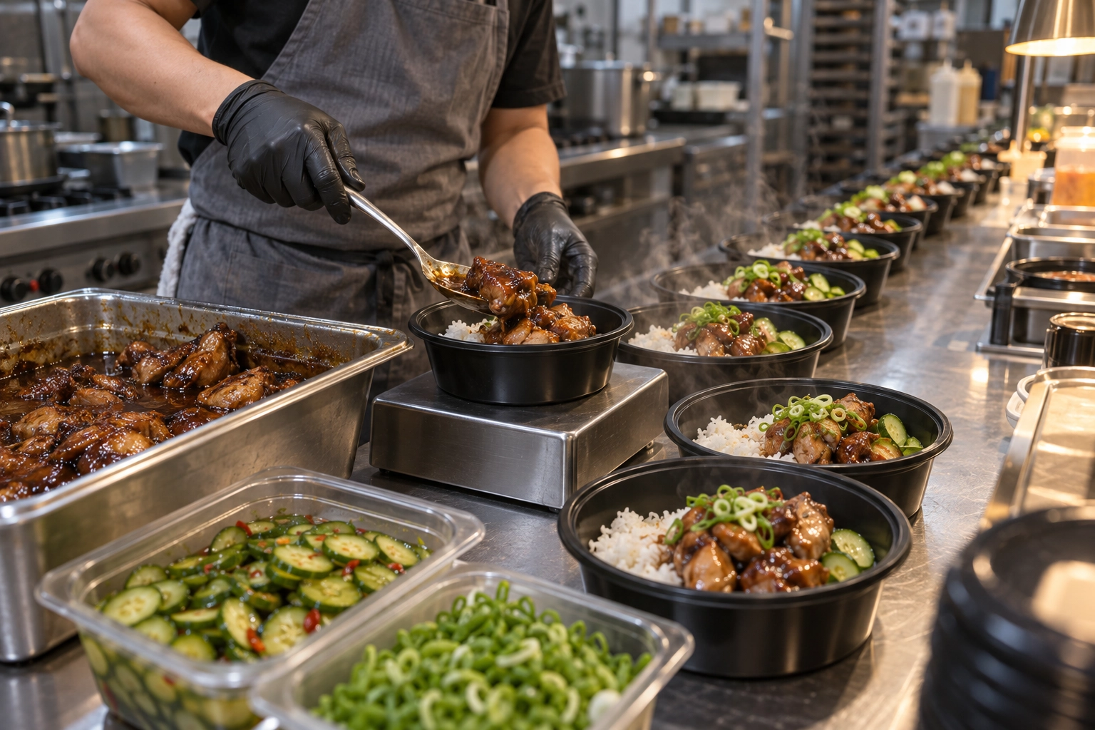 Cook portioning braised chicken over rice into a row of delivery bowls on a scale, the food cost behind each DoorDash plan