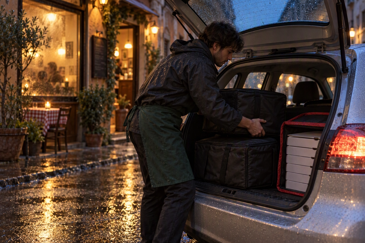 Restaurant staff driver loading insulated bags into a hatchback on a wet street at dusk, self-delivery that avoids Grubhub delivery fees
