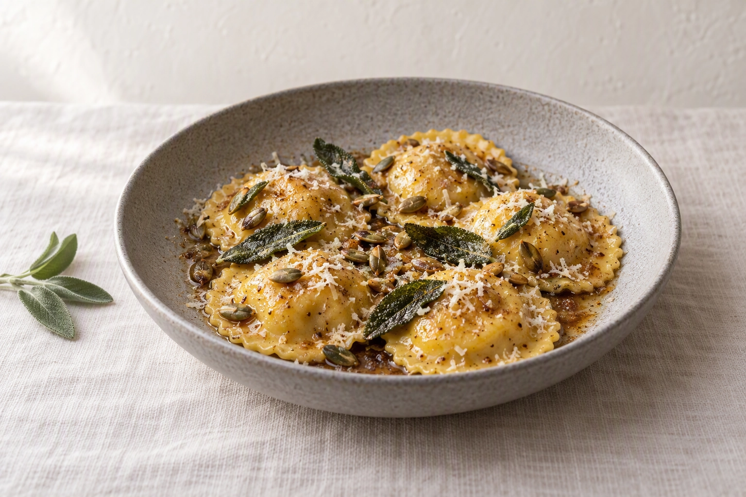 Butternut squash ravioli with brown butter and sage, a November special shot as a clean landscape menu photo for delivery apps