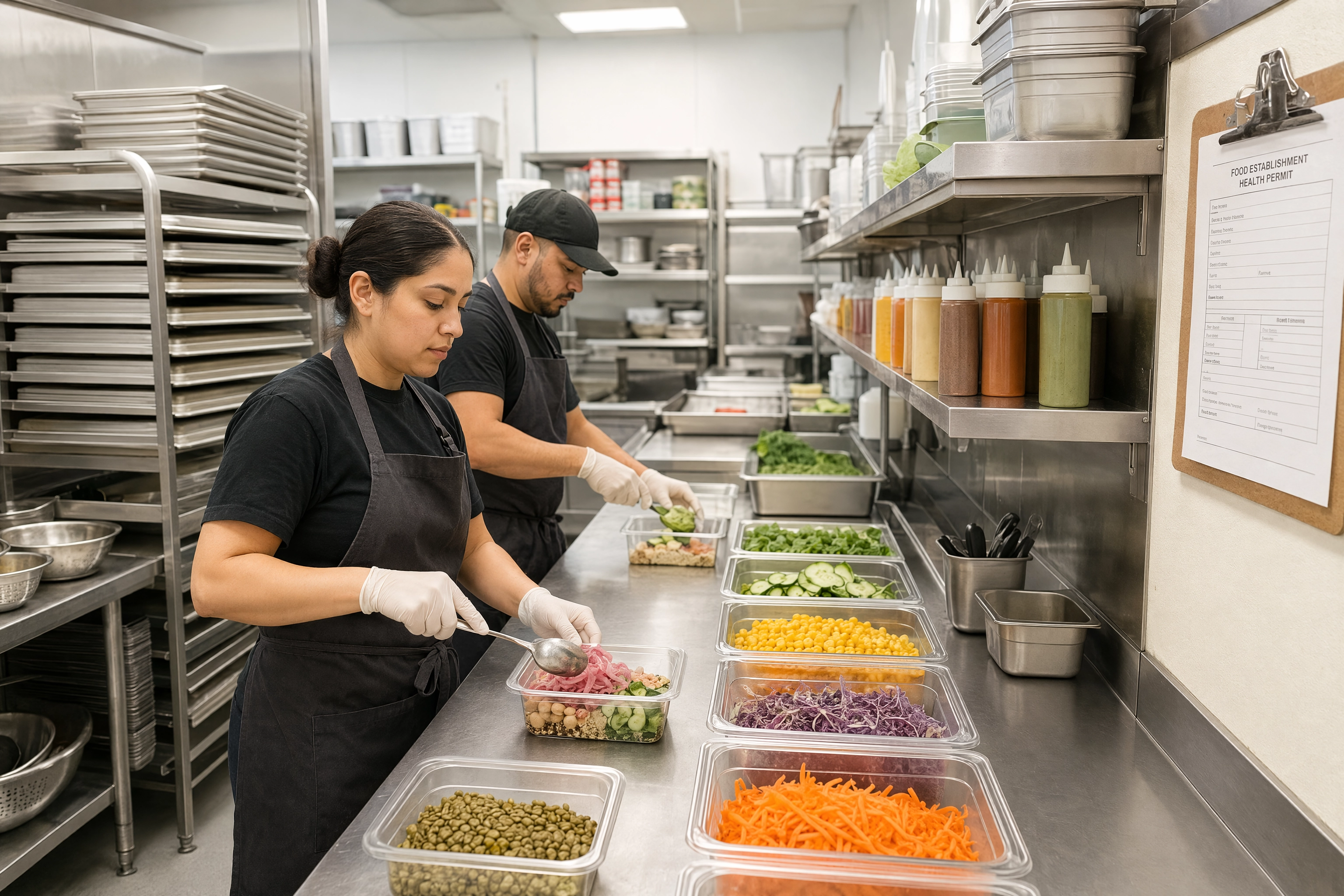 Cooks prepping on a stainless line in a licensed shared commissary kitchen used to launch a virtual brand