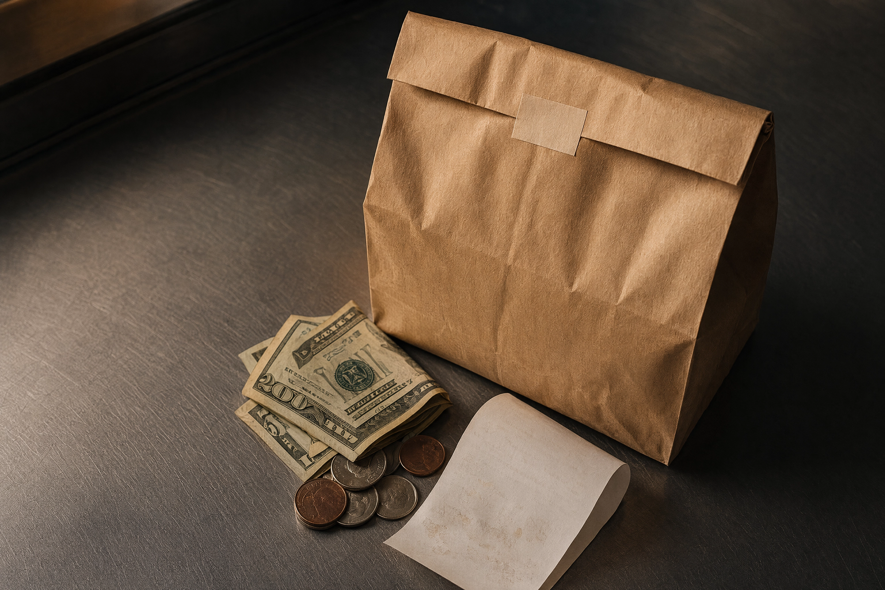 A sealed delivery bag, receipt and cash illustrating the commission taken from every DoorDash order