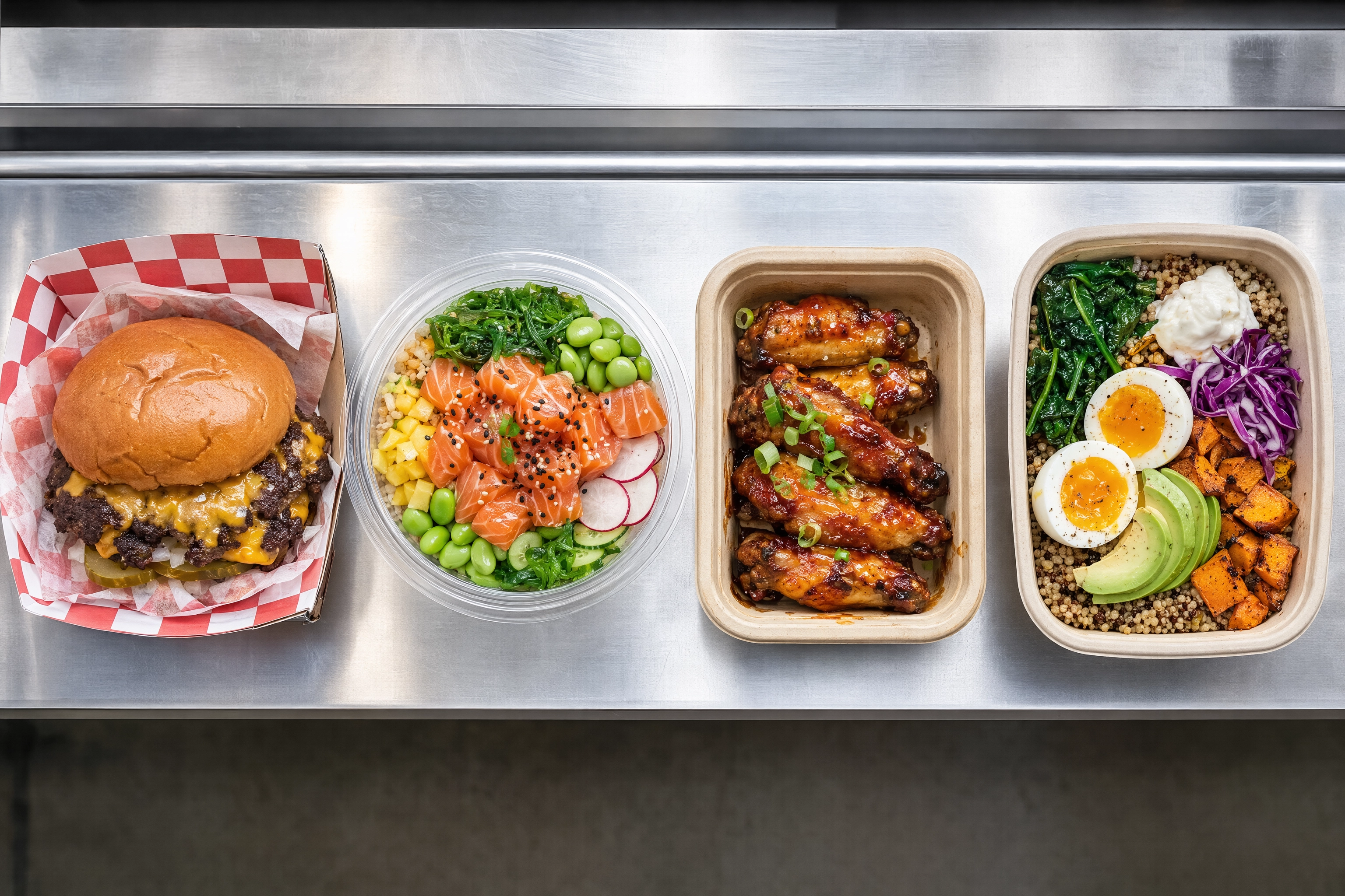 Four different packaged meals from separate virtual brands lined up on one stainless ghost kitchen pass