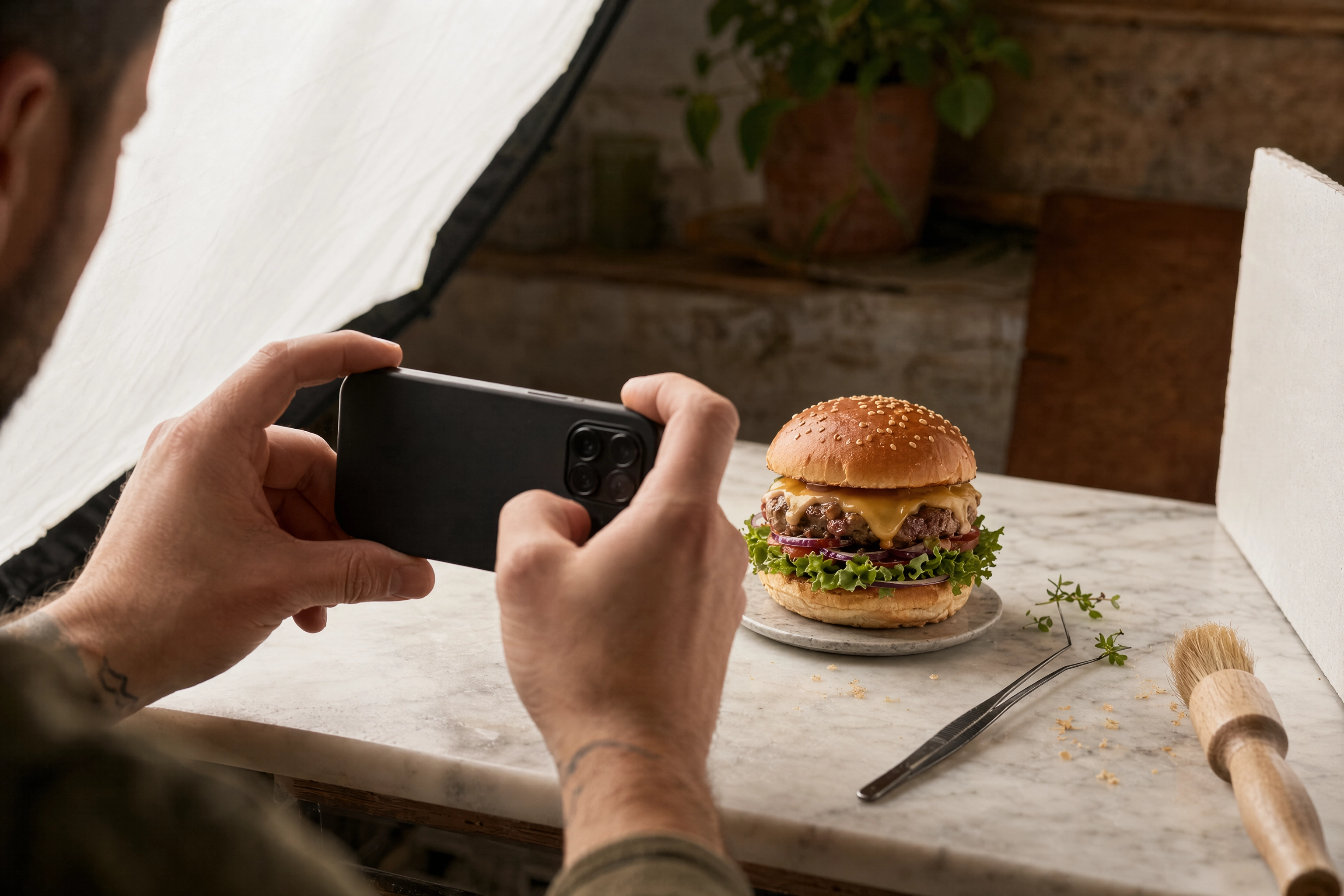 Hands using a phone to photograph a styled burger on a small studio set to create a delivery menu thumbnail