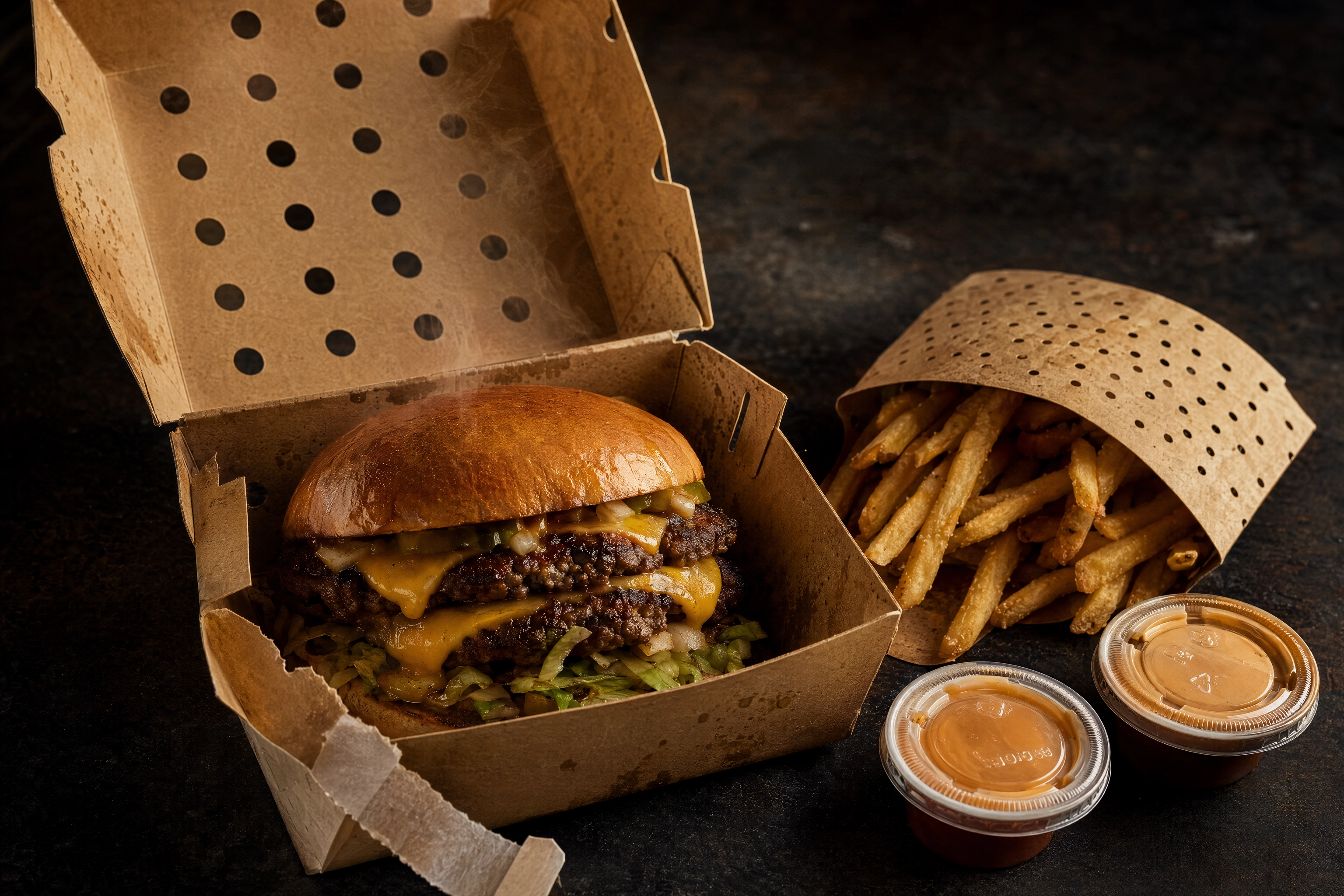 Close-up of vented takeout packaging with a burger, separated fries and side sauces built to travel for delivery