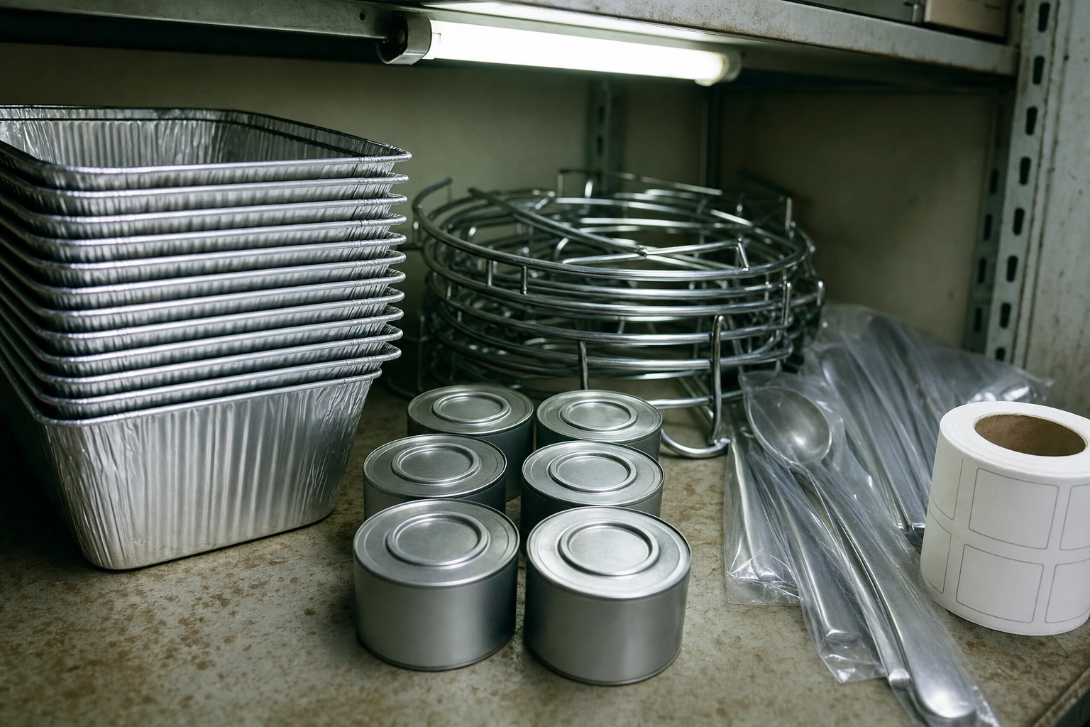 Stockroom shelf of aluminium pans, chafer racks, fuel tins and serving spoons, the packaging cost behind every catering tray