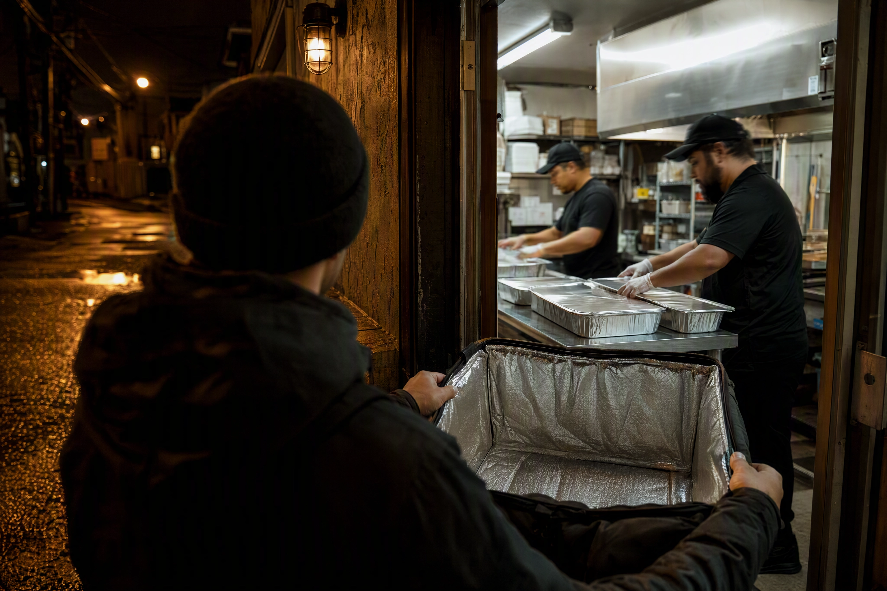 Courier waiting with an open hot bag at a service door while cooks seal catering trays, the prep time problem on large DoorDash orders