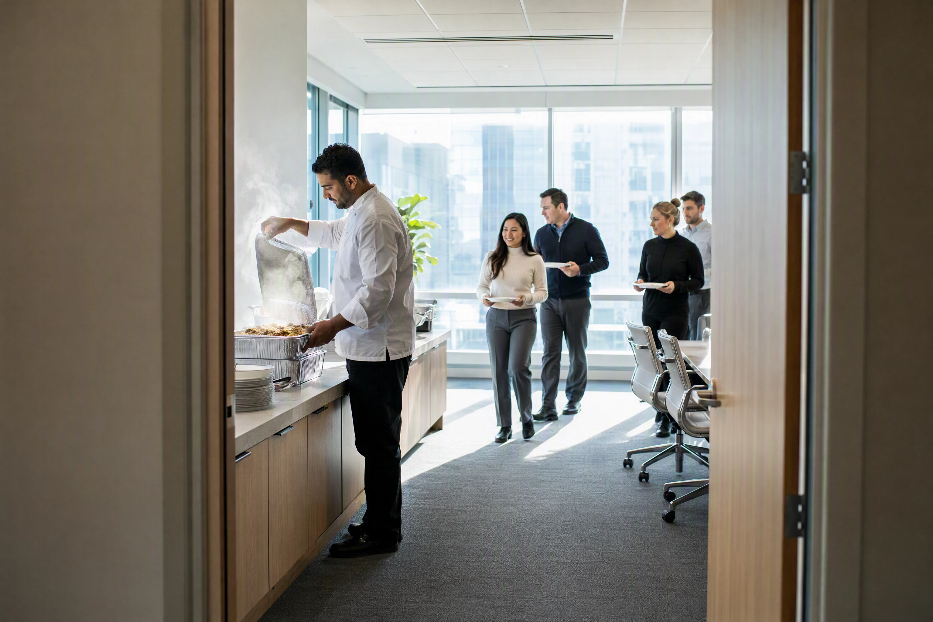 Caterer opening a foil tray on a credenza as office staff gather with plates, a workplace catering account being served