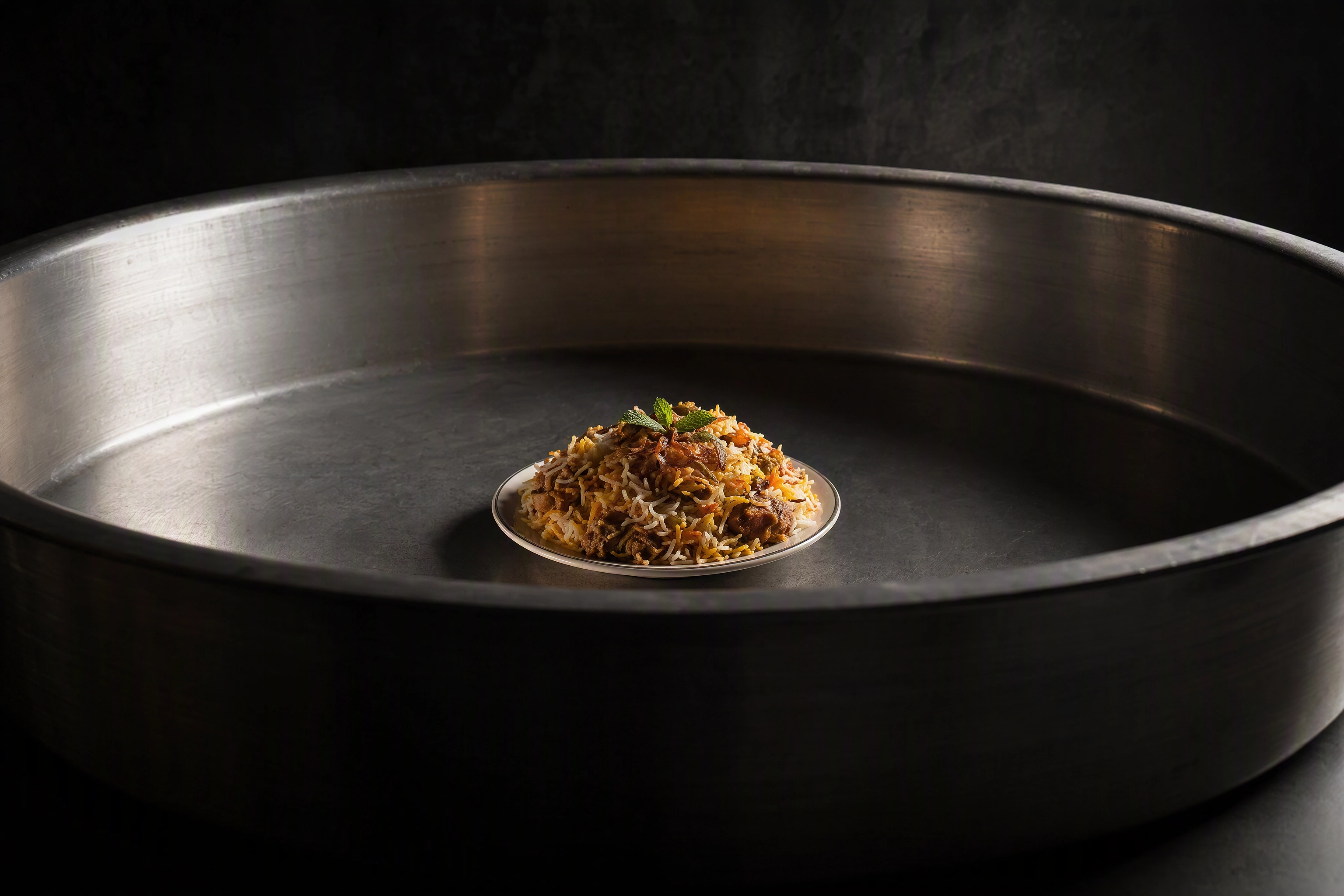 One small plated portion alone inside a huge empty catering pan, the single-portion photo problem on DoorDash catering listings
