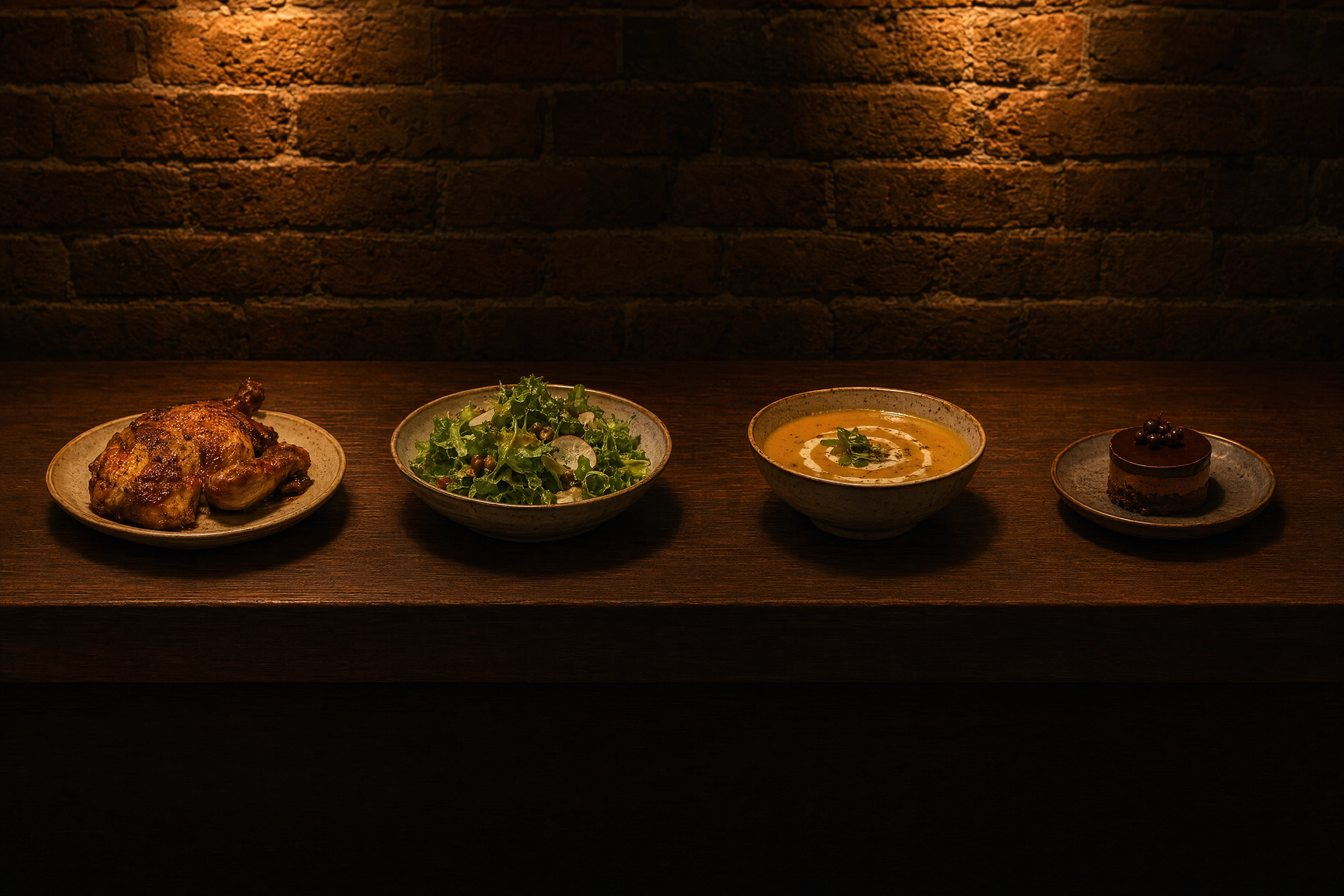 Four dishes spaced along a narrow horizontal band of a dark walnut counter, showing the 4:1 crop for a DoorDash header image