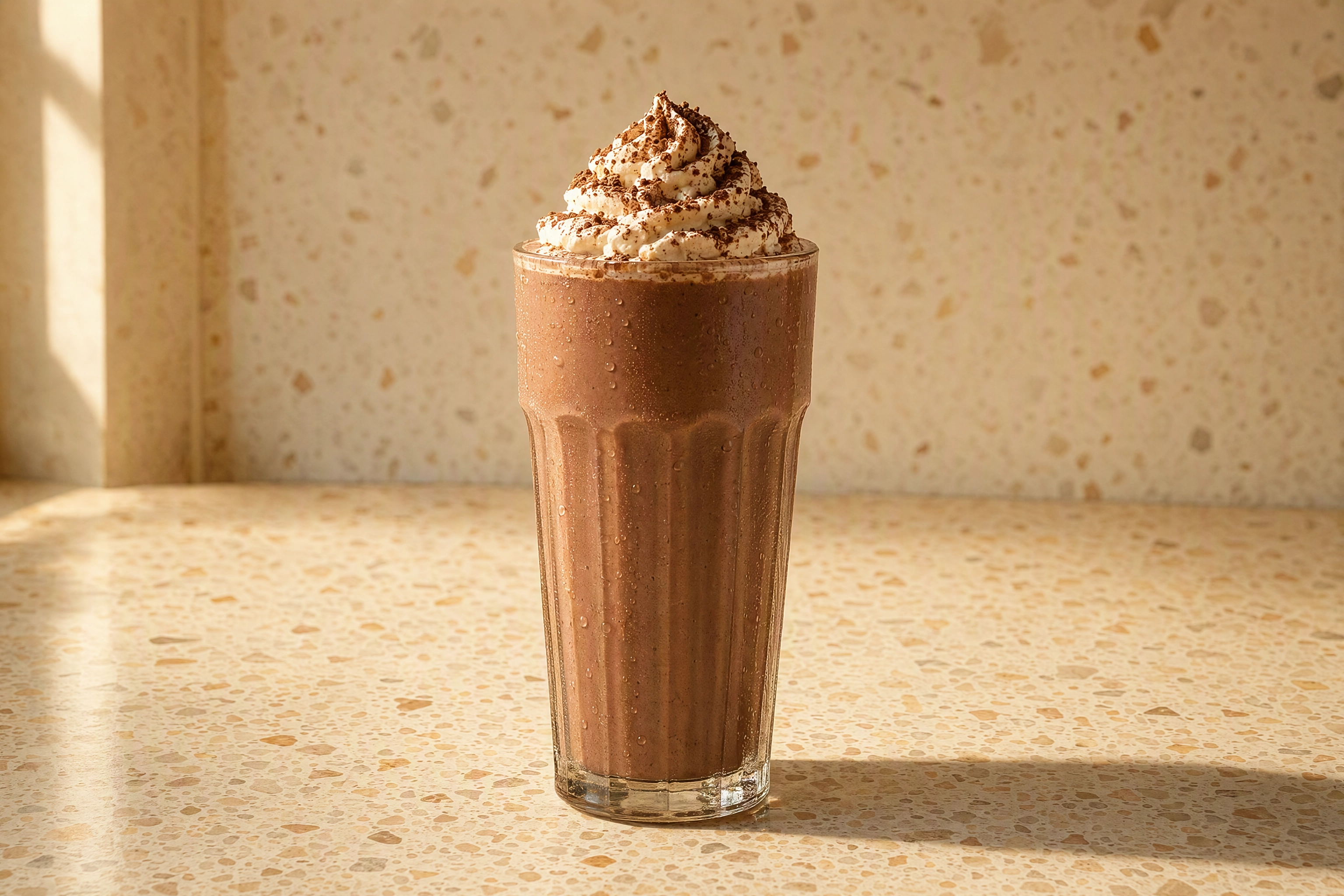 Tall chocolate milkshake glass framed horizontally on a terrazzo counter, showing DoorDash landscape 16:9 composition for tall drinks
