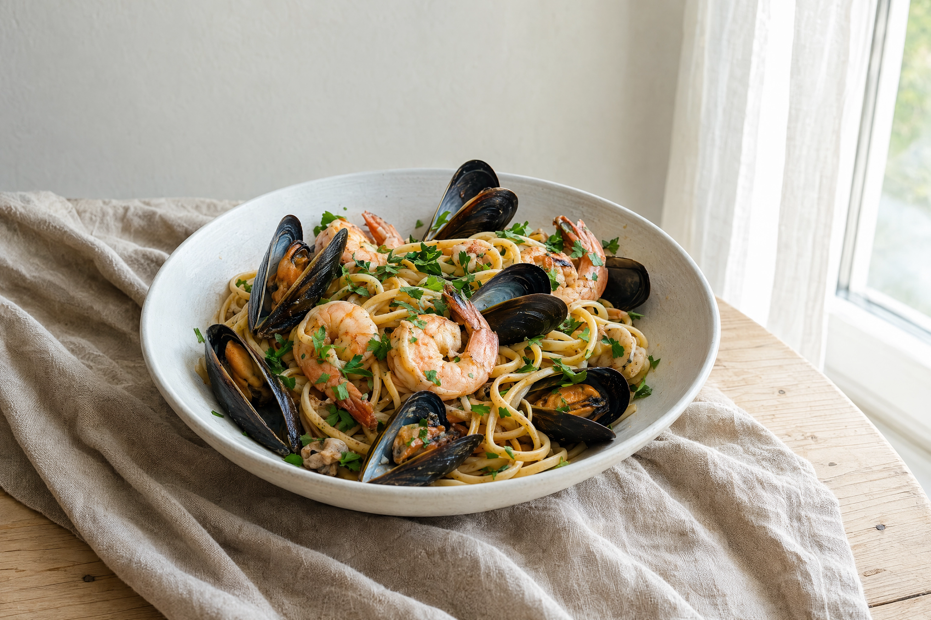 Seafood linguine shot beside a window on plain linen, the neutral daylight setup that passes DoorDash photo review