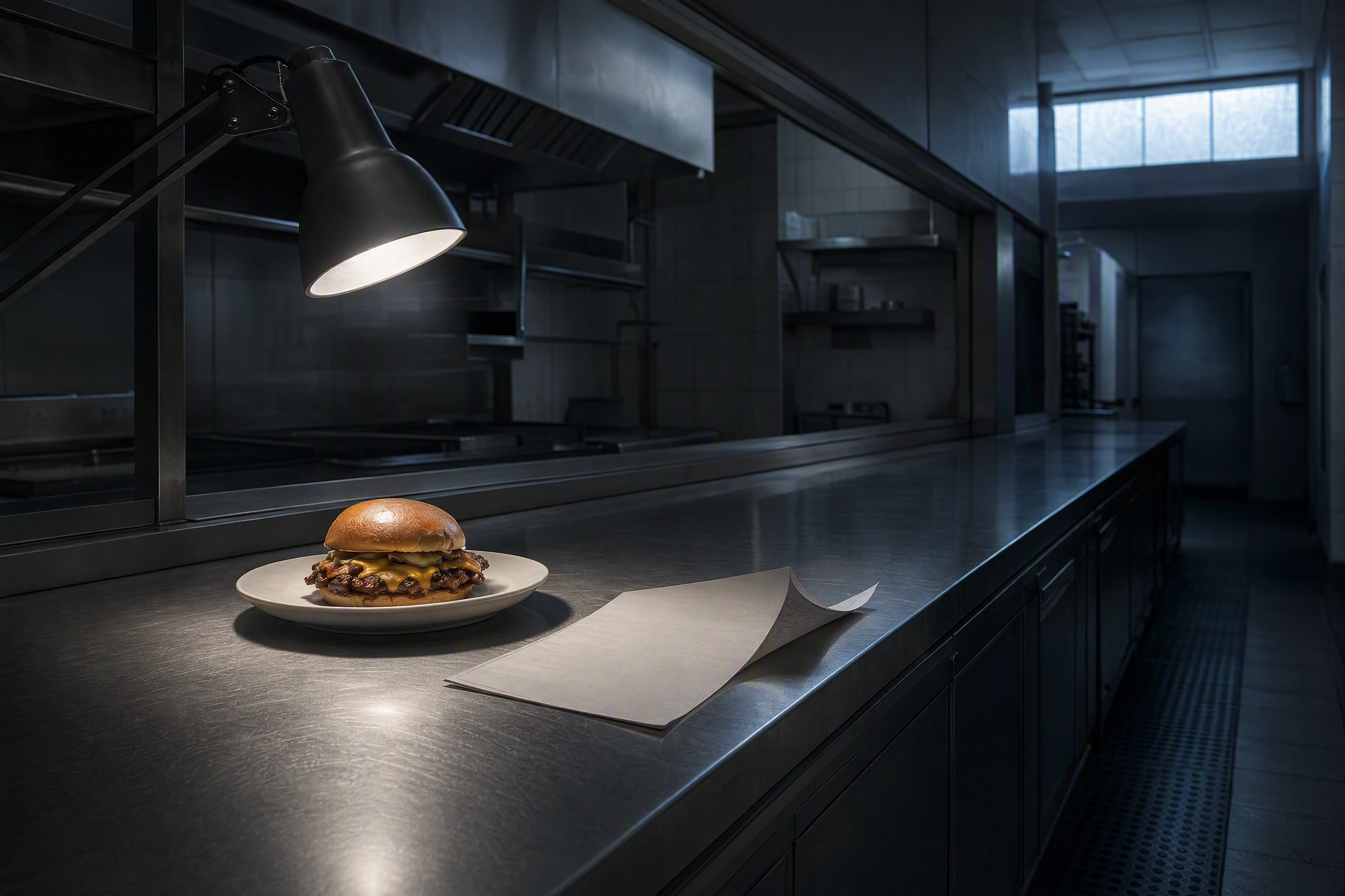 Single burger alone on an empty stainless kitchen pass at dawn beside a curled printed menu list, illustrating a silent POS photo sync failure