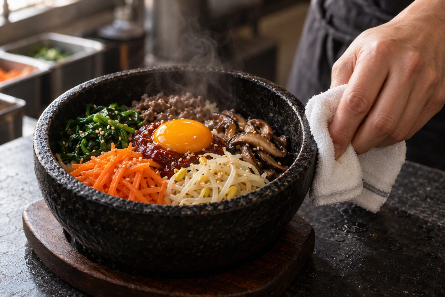 Cook wiping the rim of a fresh bibimbap stone bowl before a DIY DoorDash photo, the dish plated exactly as served