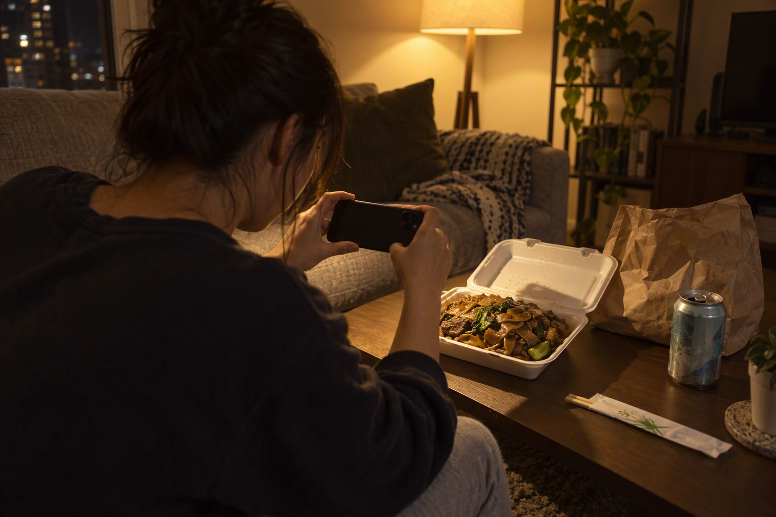 Customer photographing takeout pad see ew under a warm lamp at home, the kind of photo that fills empty DoorDash menu slots